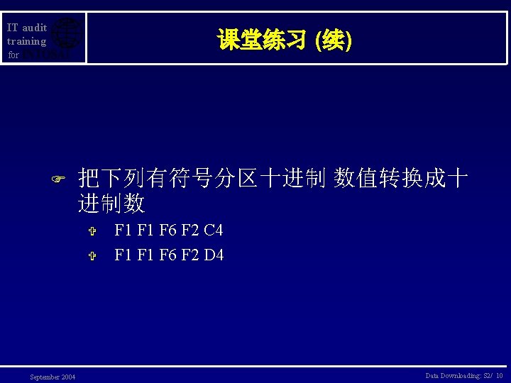 IT audit training 课堂练习 (续) for F 把下列有符号分区十进制 数值转换成十 进制数 V V September 2004