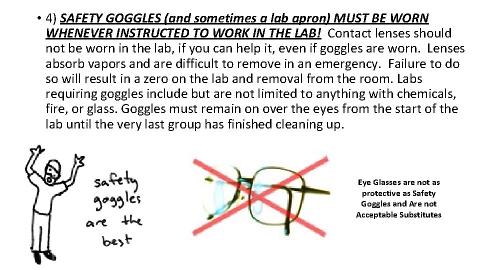  • 4) SAFETY GOGGLES (and sometimes a lab apron) MUST BE WORN WHENEVER
