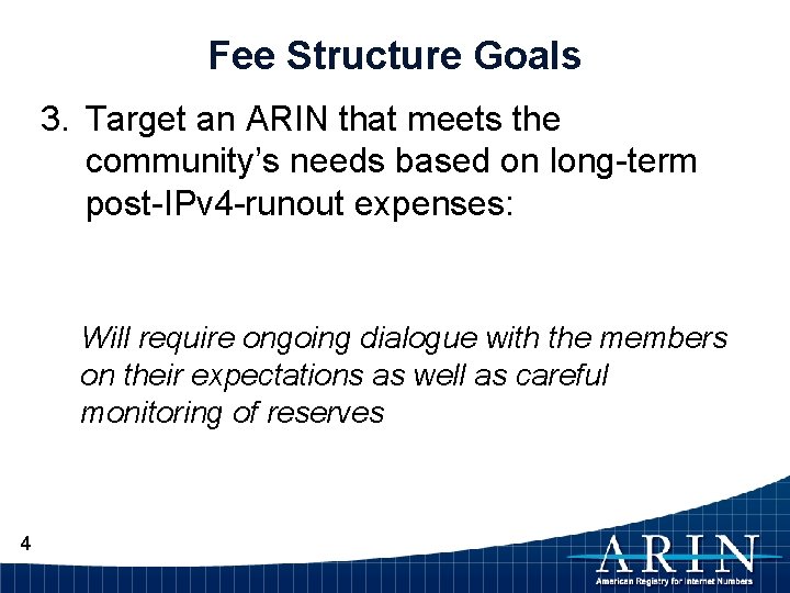 Fee Structure Goals 3. Target an ARIN that meets the community’s needs based on