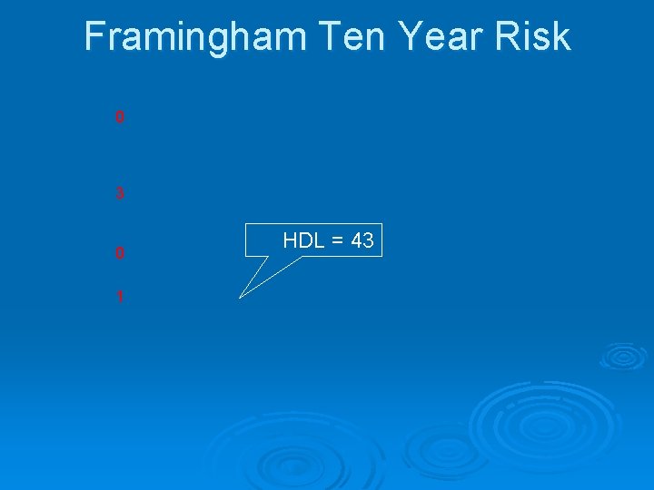 Framingham Ten Year Risk 0 3 0 1 HDL = 43 