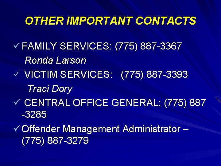 OTHER IMPORTANT CONTACTS ü FAMILY SERVICES: (775) 887 -3367 Ronda Larson ü VICTIM SERVICES: