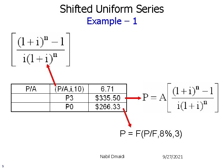 Shifted Uniform Series Example – 1 P = F(P/F, 8%, 3) Nabil Dmaidi 9