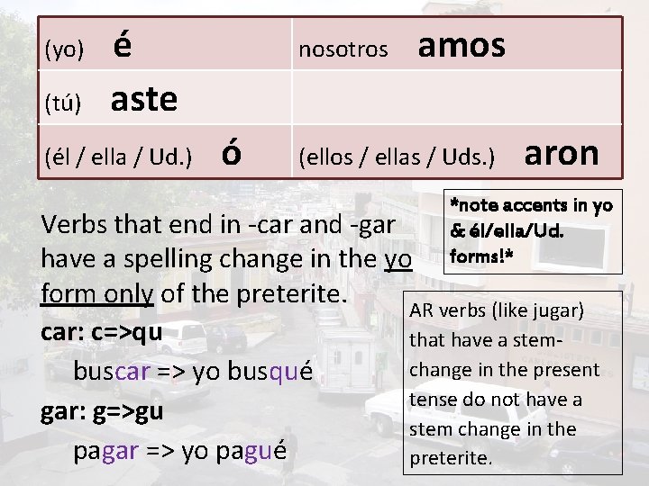 (yo) (tú) é aste (él / ella / Ud. ) nosotros ó amos (ellos