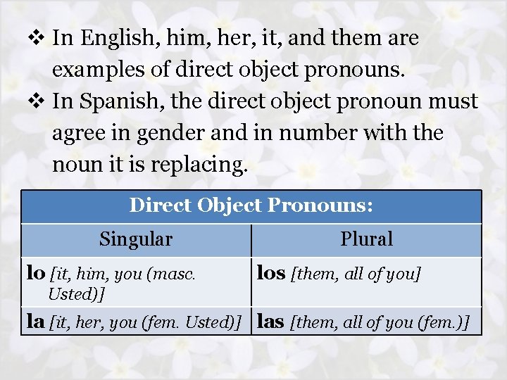 v In English, him, her, it, and them are examples of direct object pronouns.