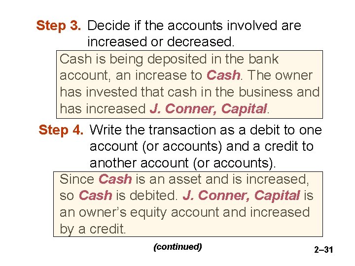 Step 3. Decide if the accounts involved are increased or decreased. Cash is being