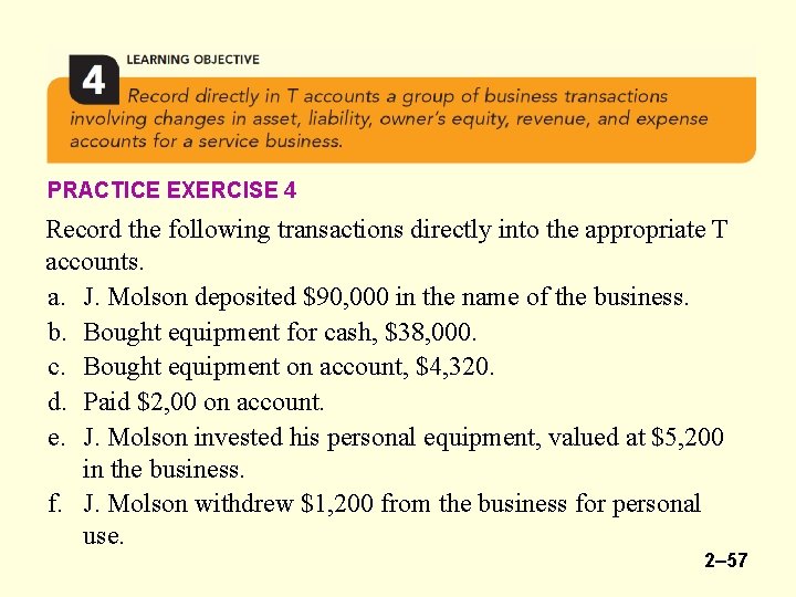 PRACTICE EXERCISE 4 Record the following transactions directly into the appropriate T accounts. a.