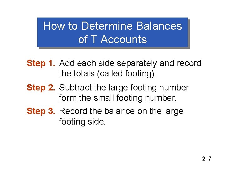 How to Determine Balances of T Accounts Step 1. Add each side separately and