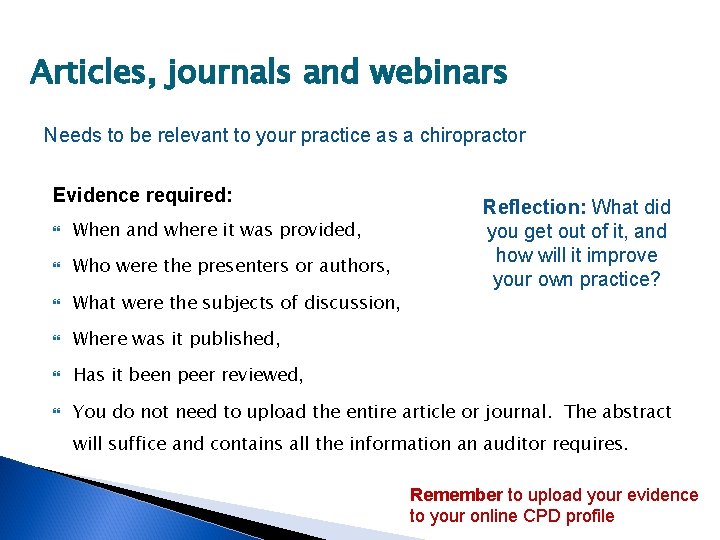 Articles, journals and webinars Needs to be relevant to your practice as a chiropractor