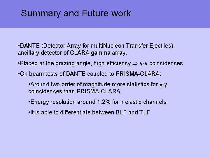 Summary and Future work • DANTE (Detector Array for multi. Nucleon Transfer Ejectiles) ancillary