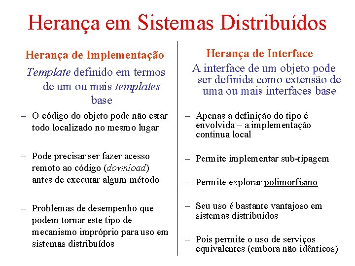 Herança em Sistemas Distribuídos Herança de Implementação Template definido em termos de um ou