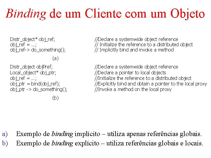 Binding de um Cliente com um Objeto Distr_object* obj_ref; obj_ref = …; obj_ref-> do_something();