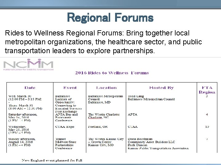 Regional Forums Rides to Wellness Regional Forums: Bring together local metropolitan organizations, the healthcare