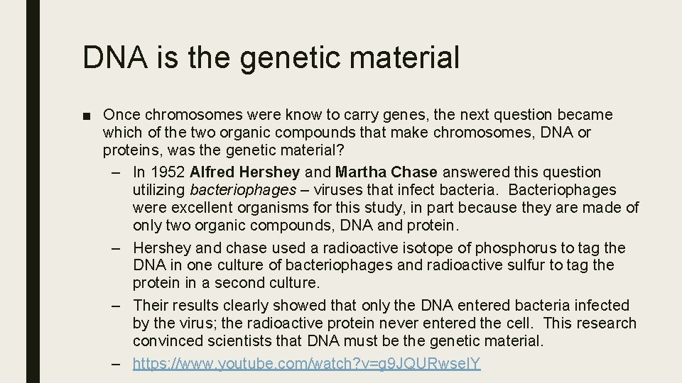 DNA is the genetic material ■ Once chromosomes were know to carry genes, the