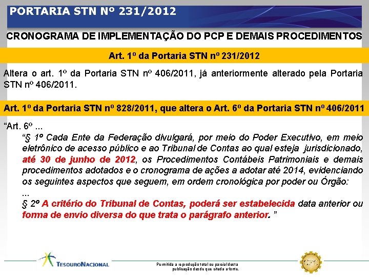 PORTARIA STN Nº 231/2012 CRONOGRAMA DE IMPLEMENTAÇÃO DO PCP E DEMAIS PROCEDIMENTOS Art. 1º