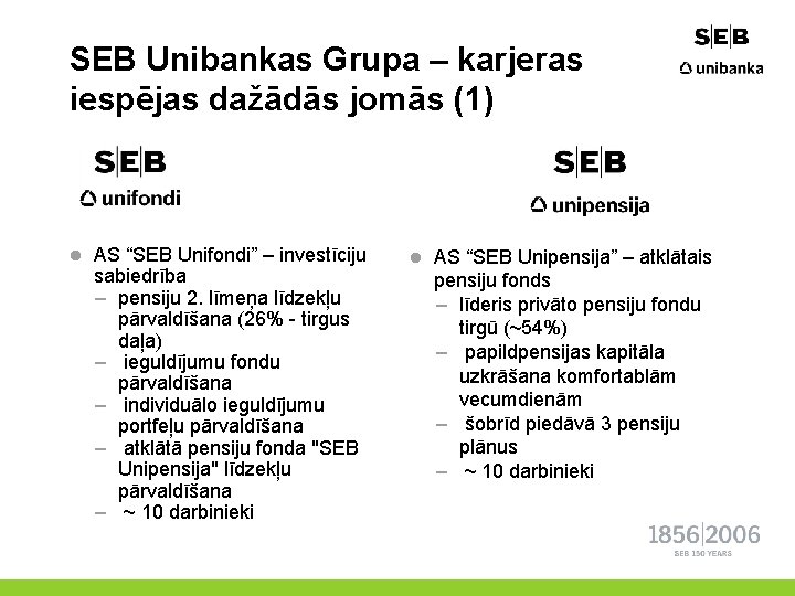 SEB Unibankas Grupa – karjeras iespējas dažādās jomās (1) l AS “SEB Unifondi” –