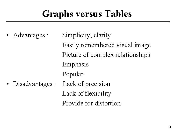 Graphs versus Tables • Advantages : Simplicity, clarity Easily remembered visual image Picture of