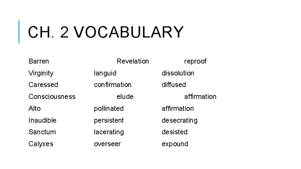 CH. 2 VOCABULARY Barren Revelation reproof Virginity languid dissolution Caressed confirmation diffused Consciousness elude CH. 2 VOCABULARY Barren Revelation reproof Virginity languid dissolution Caressed confirmation diffused Consciousness elude