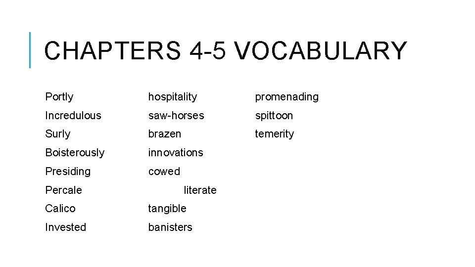 CHAPTERS 4 -5 VOCABULARY Portly hospitality promenading Incredulous saw-horses spittoon Surly brazen temerity Boisterously CHAPTERS 4 -5 VOCABULARY Portly hospitality promenading Incredulous saw-horses spittoon Surly brazen temerity Boisterously