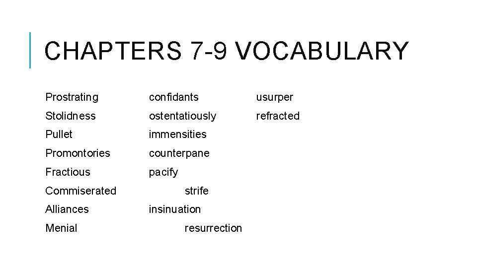 CHAPTERS 7 -9 VOCABULARY Prostrating confidants usurper Stolidness ostentatiously refracted Pullet immensities Promontories counterpane CHAPTERS 7 -9 VOCABULARY Prostrating confidants usurper Stolidness ostentatiously refracted Pullet immensities Promontories counterpane