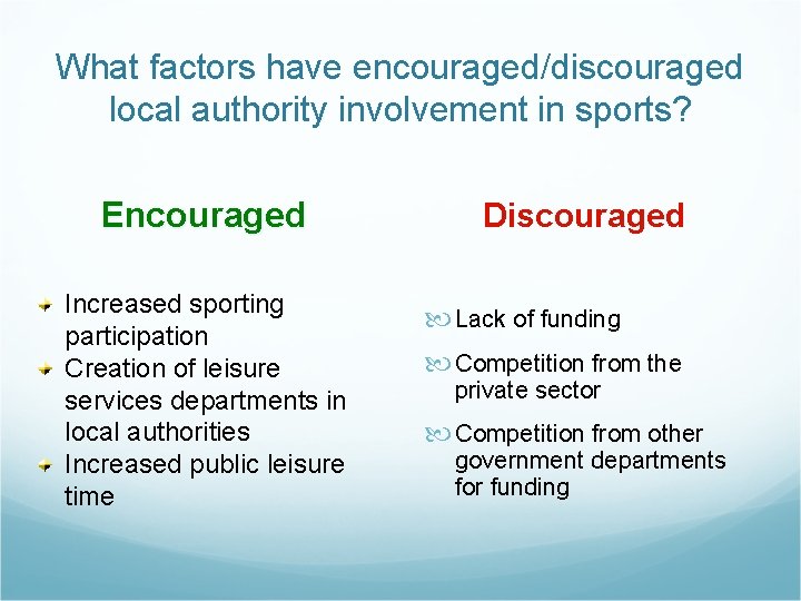 What factors have encouraged/discouraged local authority involvement in sports? Encouraged Increased sporting participation Creation