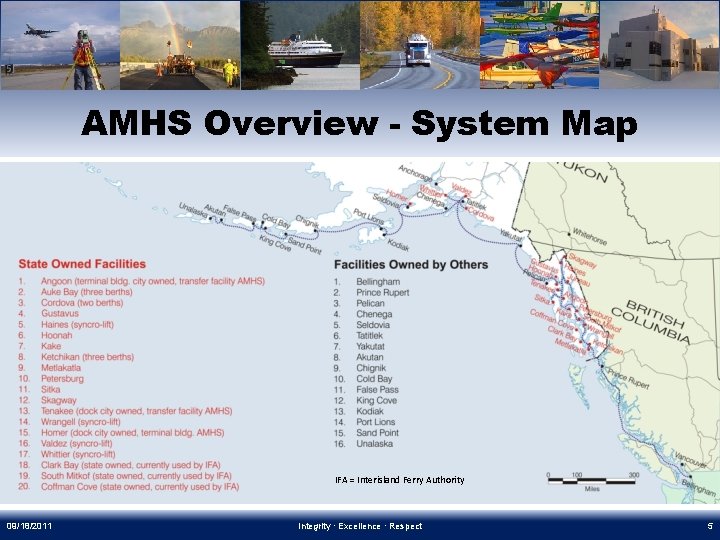 AMHS Overview - System Map IFA = Interisland Ferry Authority 09/18/2011 Integrity ∙ Excellence