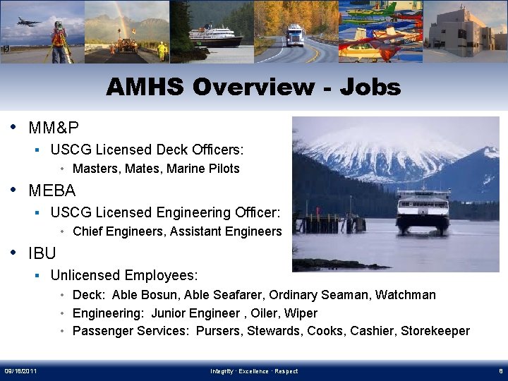 AMHS Overview - Jobs • MM&P § USCG Licensed Deck Officers: • Masters, Mates,