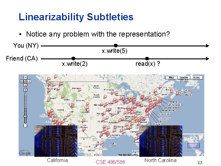 Linearizability Subtleties • Notice any problem with the representation? You (NY) Friend (CA) x.