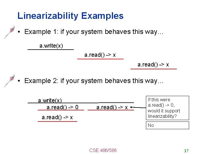 Linearizability Examples • Example 1: if your system behaves this way… a. write(x) a.