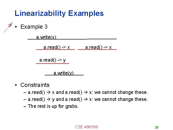 Linearizability Examples • Example 3 a. write(x) a. read() -> x a. read() ->