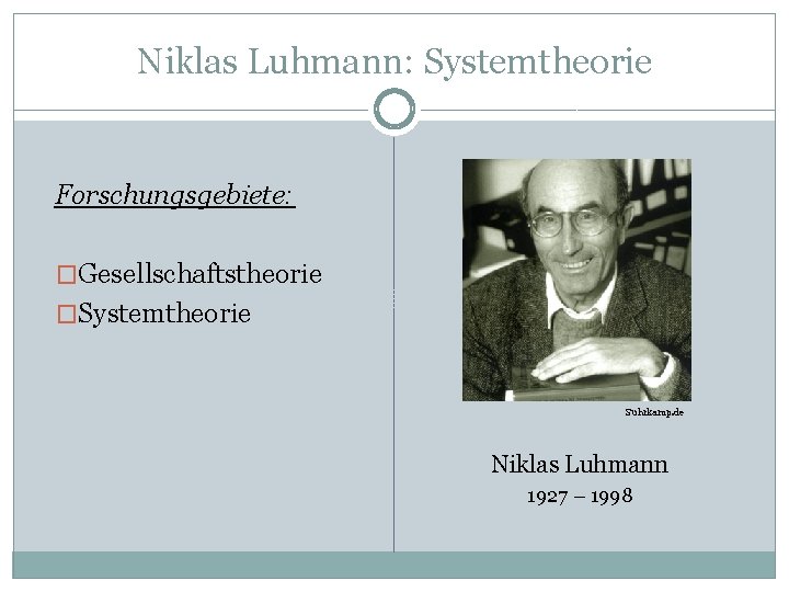 Niklas Luhmann: Systemtheorie Forschungsgebiete: �Gesellschaftstheorie �Systemtheorie Suhrkamp. de Niklas Luhmann 1927 – 1998 