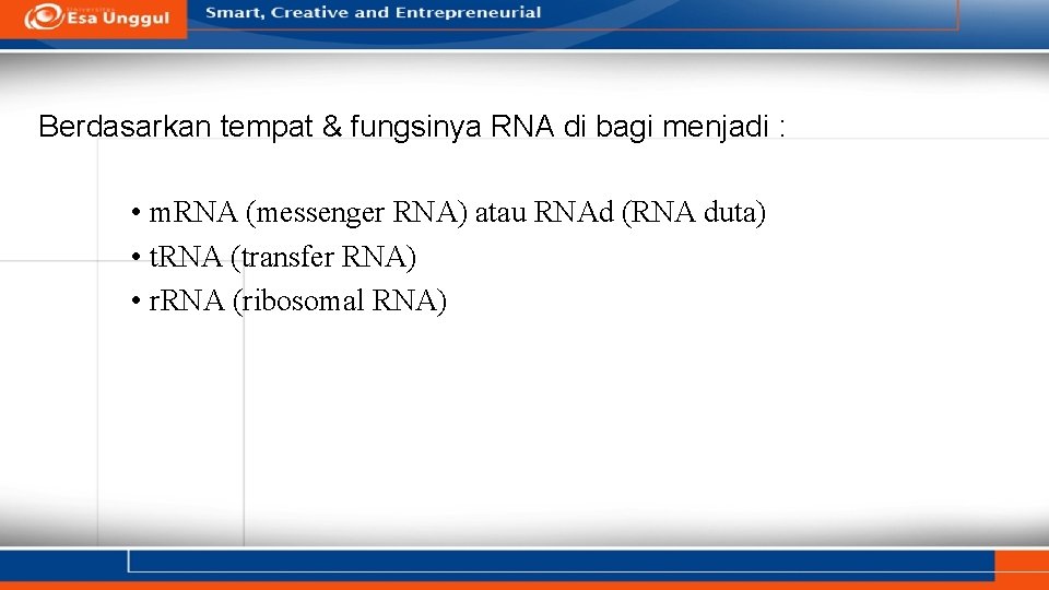 Berdasarkan tempat & fungsinya RNA di bagi menjadi : • m. RNA (messenger RNA)