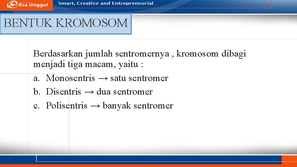 BENTUK KROMOSOM Berdasarkan jumlah sentromernya , kromosom dibagi menjadi tiga macam, yaitu : a.
