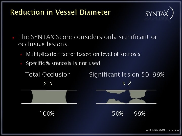Reduction in Vessel Diameter The SYNTAX Score considers only significant or occlusive lesions Multiplication