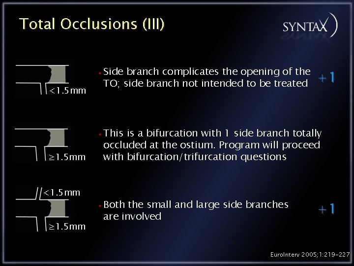 Total Occlusions (III) <1. 5 mm ≥ 1. 5 mm Side branch complicates the