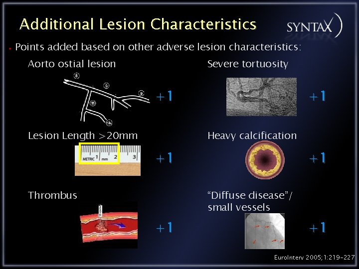 Additional Lesion Characteristics Points added based on other adverse lesion characteristics: Aorto ostial lesion