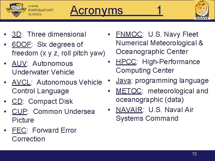 Acronyms • 3 D: Three dimensional • 6 DOF: Six degrees of freedom (x