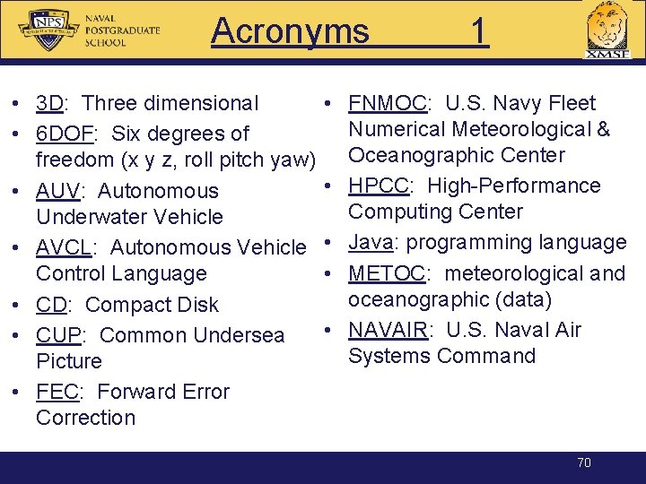 Acronyms • 3 D: Three dimensional • 6 DOF: Six degrees of freedom (x