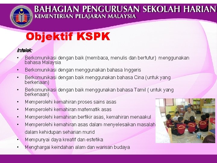 Objektif KSPK Intelek: • Berkomunikasi dengan baik (membaca, menulis dan bertutur) menggunakan bahasa Malaysia