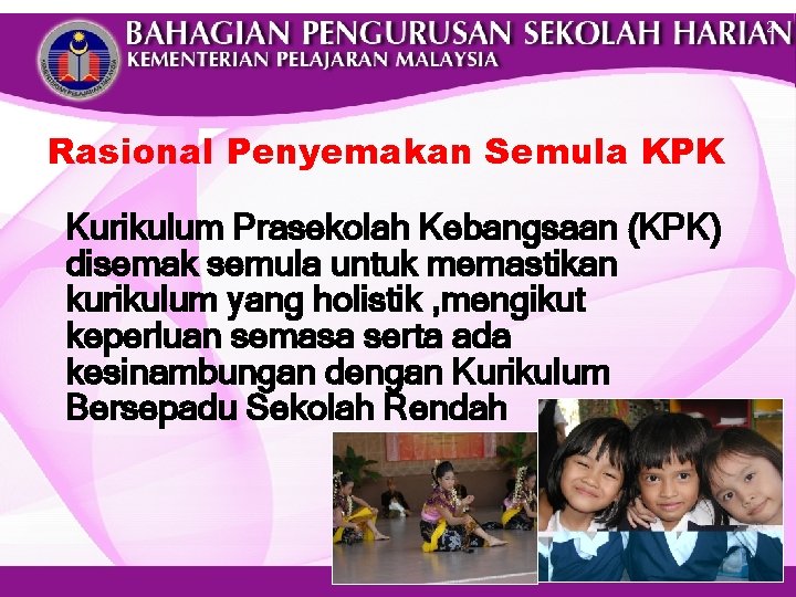 2 Rasional Penyemakan Semula KPK Kurikulum Prasekolah Kebangsaan (KPK) disemak semula untuk memastikan kurikulum