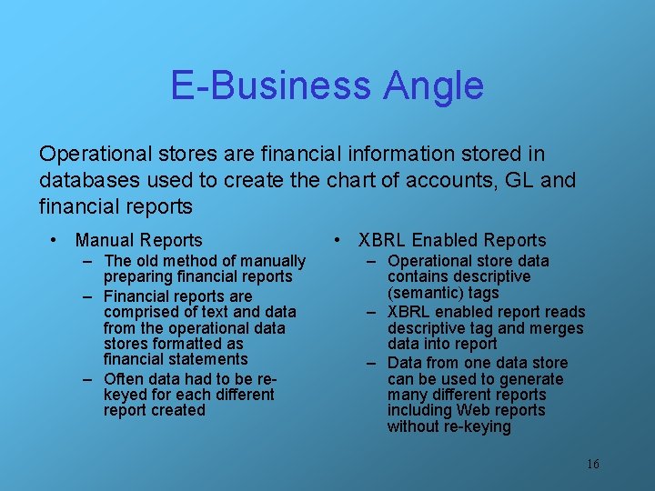 E-Business Angle Operational stores are financial information stored in databases used to create the