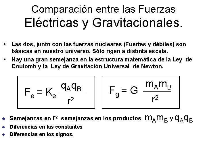 Comparación entre las Fuerzas Eléctricas y Gravitacionales. • Las dos, junto con las fuerzas