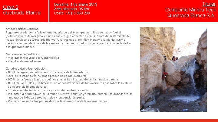 Caso 2 Quebrada Blanca Derrame: 4 de Enero 2013 Área afectado: 35 km Costo:
