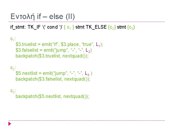 Εντολή if – else (II) if_stmt: TK_IF ‘(‘ cond ‘)’ { c 1 }