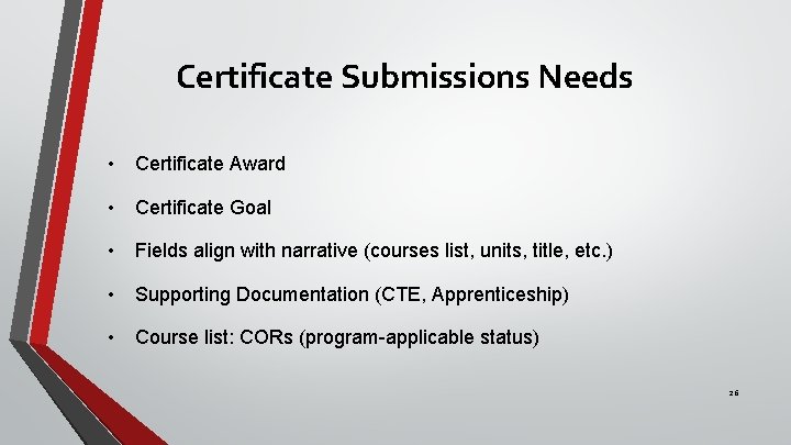 Certificate Submissions Needs • Certificate Award • Certificate Goal • Fields align with narrative