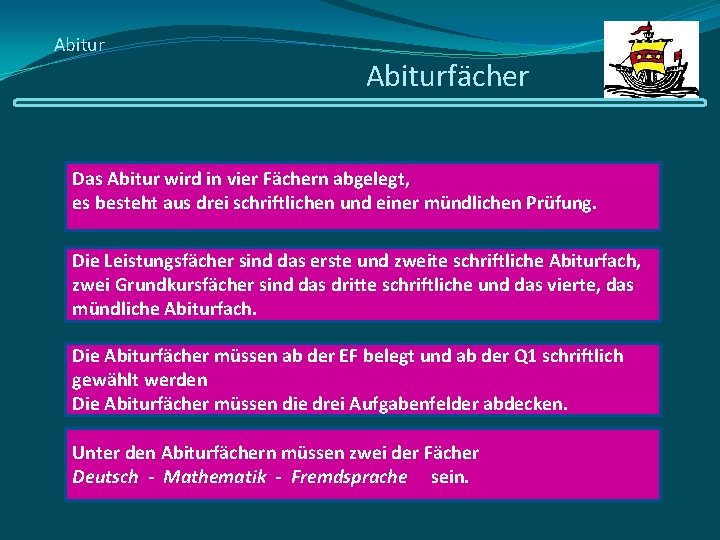 Abiturfächer Das Abitur wird in vier Fächern abgelegt, es besteht aus drei schriftlichen und