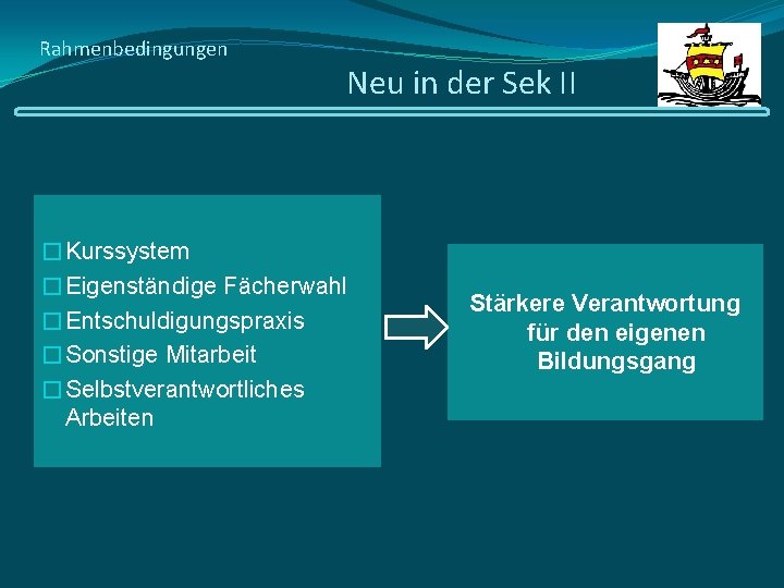 Rahmenbedingungen Neu in der Sek II �Kurssystem �Eigenständige Fächerwahl �Entschuldigungspraxis �Sonstige Mitarbeit �Selbstverantwortliches Arbeiten