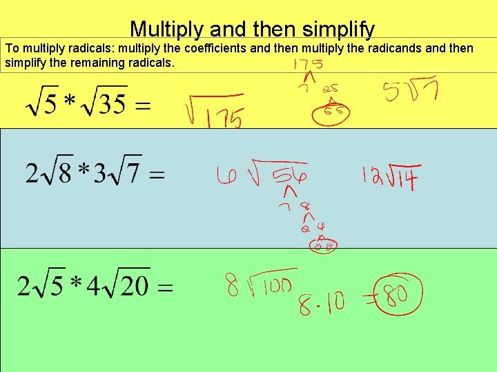 Multiply and then simplify To multiply radicals: multiply the coefficients and then multiply the