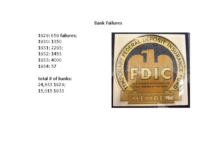Bank Failures 1929: 659 failures; 1930: 1350 1931: 2293; 1932: 1453 1933: 4000 1934: