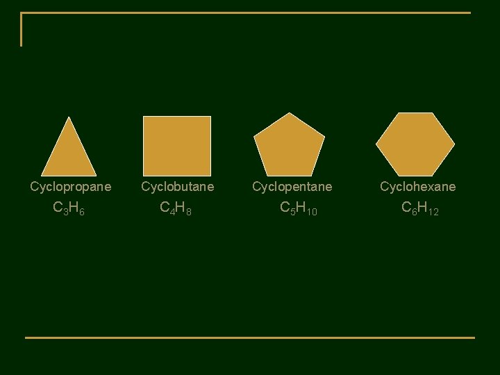 Cyclopropane Cyclobutane C 3 H 6 C 4 H 8 Cyclopentane C 5 H