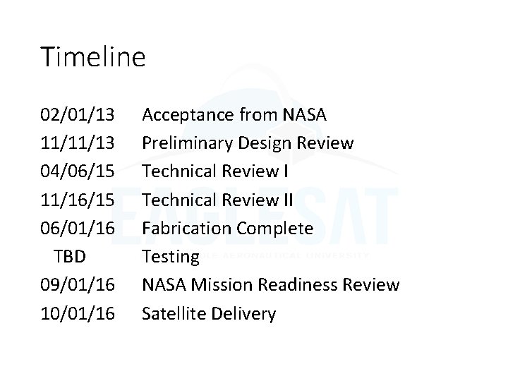 Timeline 02/01/13 11/11/13 04/06/15 11/16/15 06/01/16 TBD 09/01/16 10/01/16 Acceptance from NASA Preliminary Design